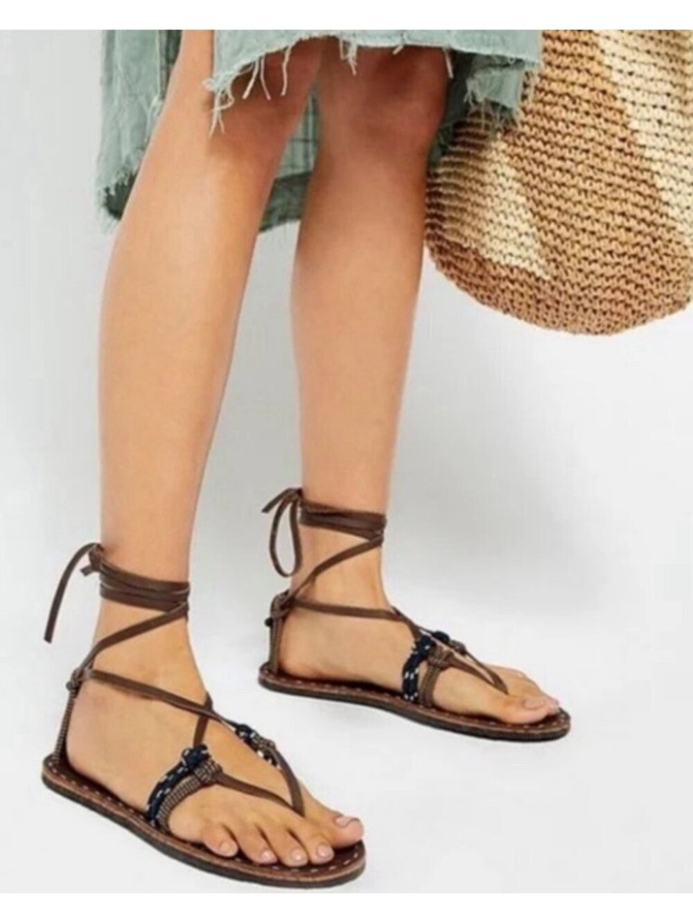Free People La Jolla Wrap Sandals Tan Leather Gladiator Strappy Boho Artisan 36